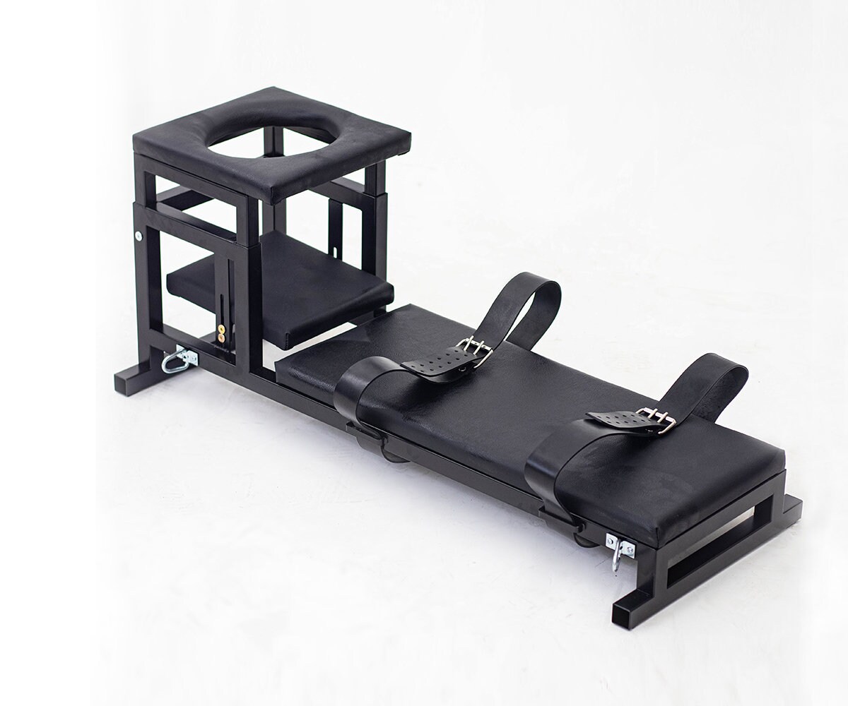 QUEENING BENCH with bondage restraints for laying. bdsm bed, dungeon chair for adult games. Fetish furniture. Mature toy.