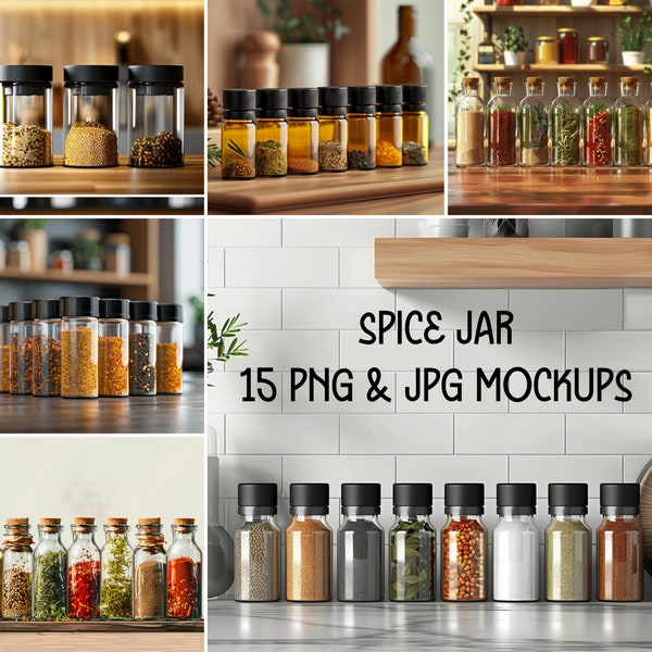 15 Spice Jars Mockups/300 DPI PNG's/Kitchen Clipart/Kitchen Mockups/Kitchen Spice Bottles Mockups/Kitchen Bottle Mockups