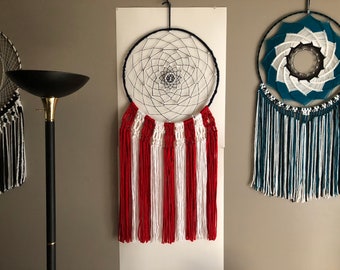 Rojo, blanco y azul, colgante de pared, atrapasueños