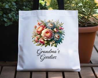 Grandma's Goodies Tote Bag, Grandma Bag, Gift for Grandma, Floral Bag, Flower Tote Bag, Mothers Day Gift, New Grandma Gift, Grandma Birthday
