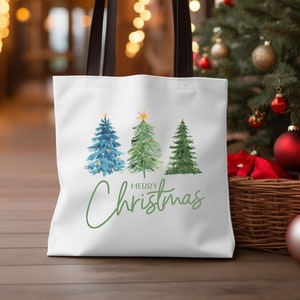 Merry Christmas Tote Bag, Christmas Tree Tote, Holiday Bag, Christmas Gift, Christmas Shopping Bag, Cute Christmas Bag, Festive Tote