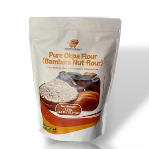 May include: A white bag of AfroFoodmart Pure Okpa Flour (Bambara Nut flour). The bag features text and images of the product, including a wooden bowl of flour and a pumpkin. The net weight is 1.5 kg (3.3 lb / 52.91 oz).