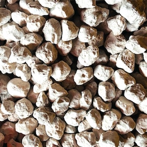 May include: A close-up of a pile of small, white, irregularly shaped rocks. The rocks are smooth and have a slightly rough texture.
