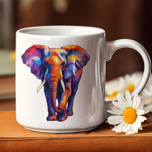 Colorful Fauvism Elephant Mug Artistic Creative Vibrant Animal Kitchenware Nature Majestic Kaleidoscope Drinkware Stylish Elegant Coffeemug