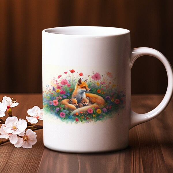 Adorable Fox Family Mug Nature Flowers Cubs Drinkware Beautiful Serene Enchanting Kitchenware Cute Artistic Delightful Coffeemug