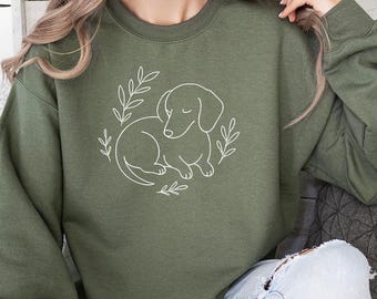 Minimal Dachshund Sweatshirt – Cute Dog Line Art Crewneck, Cozy Pet Lover Gift, Green Unisex Pullover, Boho Dog Mom Outfit, Comfort Dog Tee