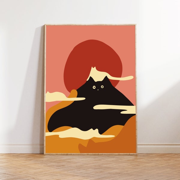 Quirky Cat Mountain Print | Mount Fuji Black Cat with Pink Sky | Cat Landscape Art | Black Cat Wall Poster | Digital Download