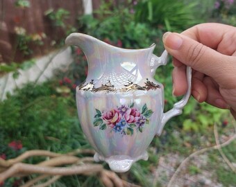 KT Czech Republic Milk Jug, Mother of Pearl Lustre Creamer, Vintage Floral Milk Jug/Creamer/Pitcher, Gold Floral Overlay Tea Set Milk Jug