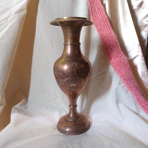 Vintage Bronze Tall Vase, Antique Tall/large Hand Etched Peacock design Bronze/Brass Vase
