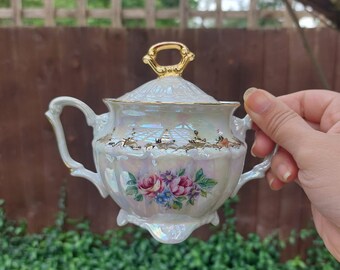 KT Czech Republic Sugar Pot, Mother of Pearl Lustre Sugar Pot, Vintage Sugar Pot, Gold Floral Overlay Sugar Pot, Irisdescent Sugar Pot