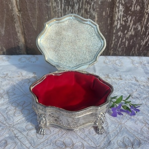 Vintage Ornate Silver Plated Jewellery Box, Victorian Style Red Velvet Lined Jewellery/Trinket Box