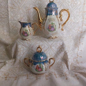 Vintage Iridescent Japanese Victorian Teapot, sugar bowl & milk jug, Mother of pearl lustre teapot, sugar bowl and creamer in blue and gold