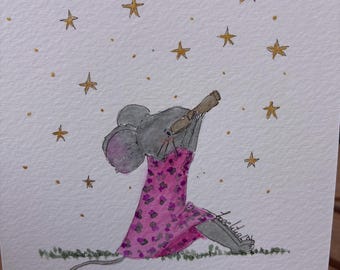 Aquarela original – Ratinho sonhador sob as estrelas | Ilustração poética e delicada