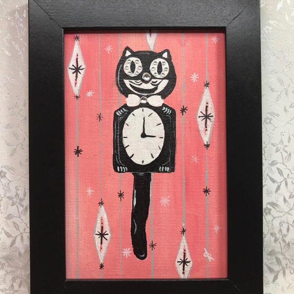 Kit Cat Clock Painting, Pink with Rhinestones, Retro Kitchen Kitsch, Great Gift