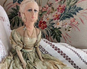 Antique 1920s French Boudoir Doll, Large 34'' Art Deco Sofa Doll