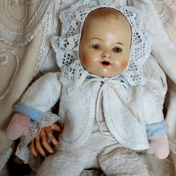 Antique Armand Marseille Dream Baby Doll 351, Bisque Head Cloth Body Doll, 9 Inches