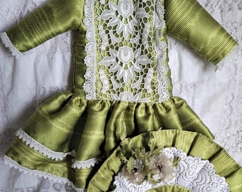 Vestido y gorro para muñeca antigua, vestido de seda verde y encaje para muñeca francesa Bru, vestido para muñecas de 23'' a 24'', vestido de muñeca de alta costura
