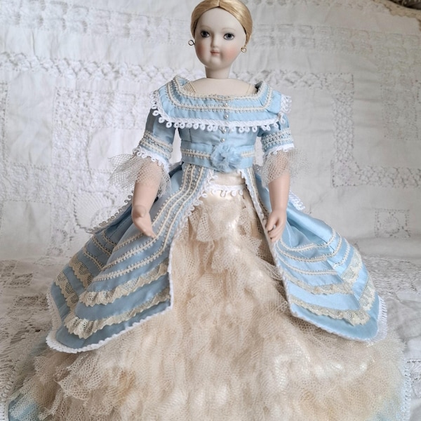 Blue Silk & Lace Evening Dress for Antique Fashion Doll, 1860's Style Silk Ball Gown for 10.5 to 11" Fashion Lady Doll, Antique Doll's Dress