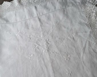 Vintage Embroidered Linen Tablecloth, White Linen Tablecloth with Whitework Floral Embroidery, Rustic Country Cottage Style