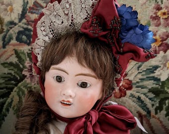 Beautiful Silk & Lace Bonnet for Antique Doll, Hat for Antique Doll, Burgundy Silk Bonnet with Antique Laces, Doll Clothes
