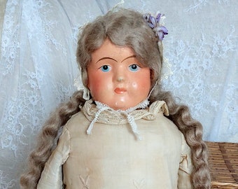 Edwardian Antique Bisque Doll, Bisque & Leather Body Doll, Painted Face Eyes Doll, Brocante Decor, Antique Lace Dress