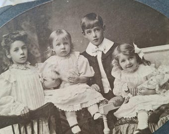 Antique Edwardian Cabinet Card, Four Victorian Children Photograph, Little Girl with Doll, Victorian Siblings Cabinet Card