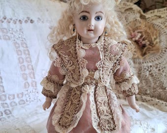 Beautiful Pink Lace Dress & Hat for Antique Doll, Couture Dress Fits 10" to 11" Bru Jumeau Doll, Handmade Couture Dress