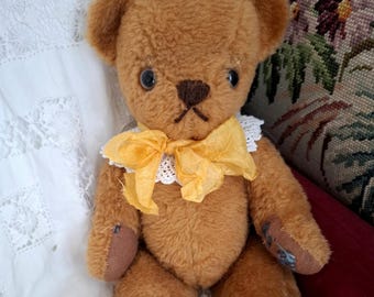 Vintage 1960's Brown Plush Teddy Bear with Bow, Vintage Soft Toy, Cinnamon Jointed Teddy Bear, Vintage Decor
