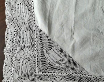 Vintage Square Lace Tablecloth with Teapot & Tea Cup Needle Lace Trim, White Linen Tablecloth with Lace Border, Rustic Country Cottage Style