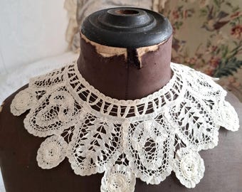 Antique Lace Collar, Victorian Edwardian Handmade Lace Collar, Battenberg Tape Lace Collar, Bobbin Lace
