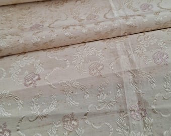 Antique 19thC Woven Silk Fabric Panel, Beige Woven Silk Brocade with Crown & Laurel Wreath Motifs, Antique Fabrics