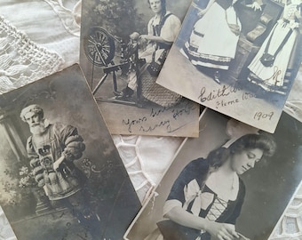 Set of Antique Edwardian Signed Photographs with Stage Actors & Performers in Costume, Young Lady at Spinning Wheel, Fancy Dress
