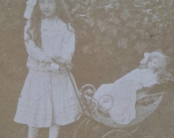 Antique Edwardian Cabinet Card, Pretty Girl with Doll in Pram, Photo Mounted Board Photograph