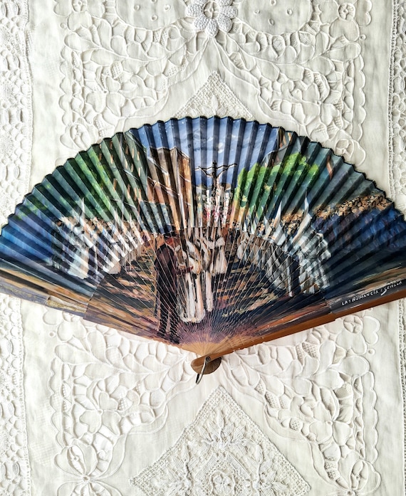 Antique Vintage Spanish Souvenir Folding Fan, Hand Painted Semana Santa Holy Week Travel Souvenir Hand Fan,