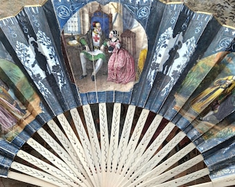 Abanico plegable antiguo de estilo neogótico vintage, abanico de mano con estampados victorianos, románticos y medievales, abanico coleccionable con relieve, decoración shabby chic.