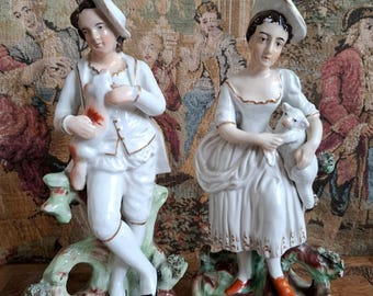 Pair of Antique Staffordshire Shepherd & Shepherdess Ceramic Figurines, Shepherd with Dog, Shepherdess with Sheep Figurine