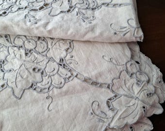 Vintage Cream Beige  Square Linen Tablecloth with Richelieu Cutwork Embroidery, Vintage Madeira Table Linen, Country Cottage Style