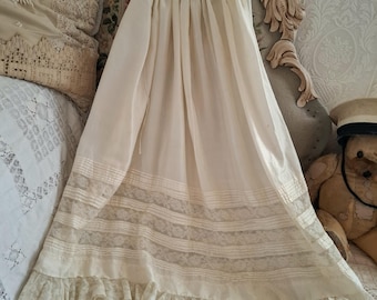 Antique Edwardian Beige Silk Petticoat Skirt, Antique Half Slip Underskirt with Pin Tucks & Lace, Drawstring Waist