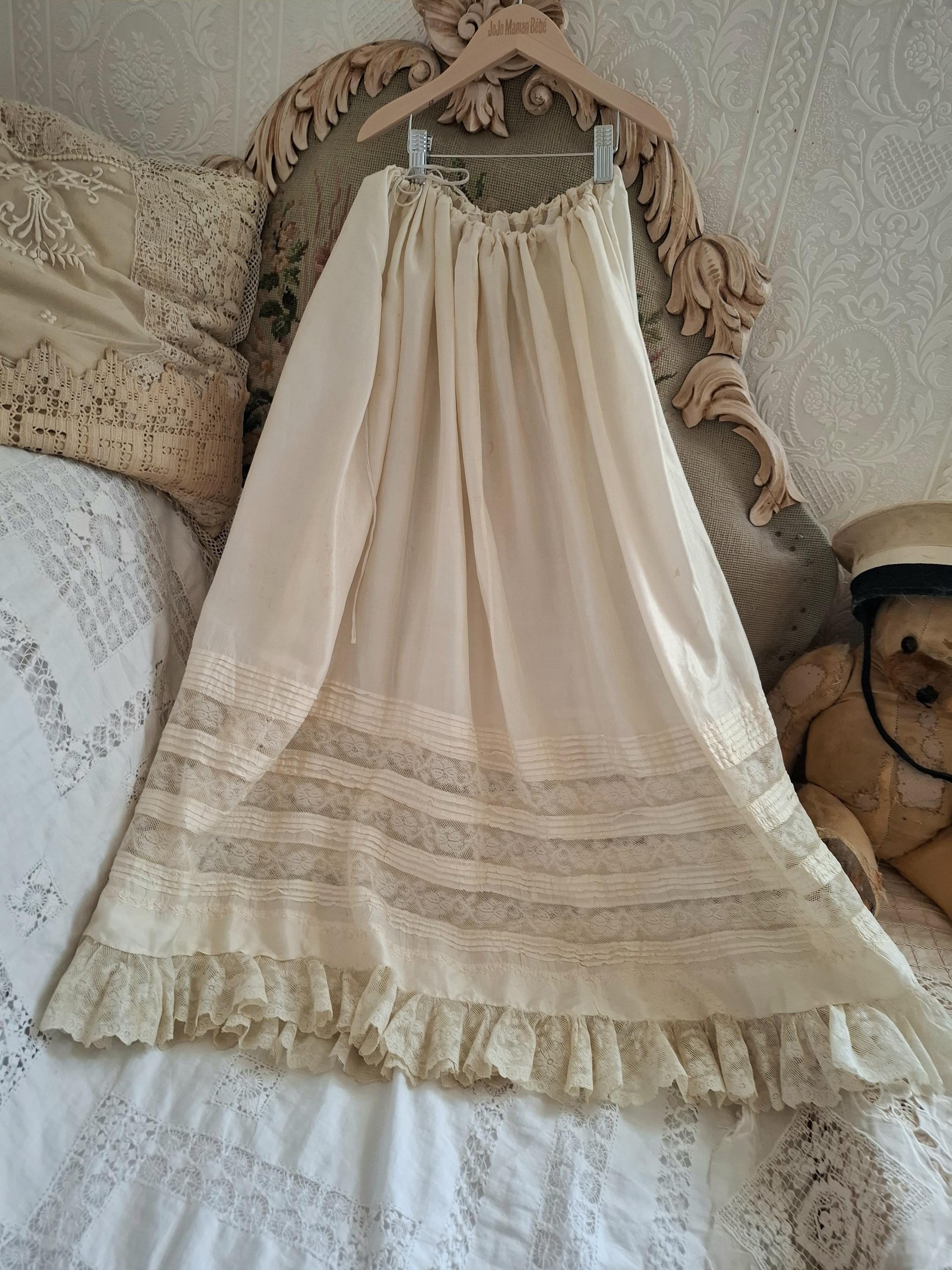 Antique Edwardian Beige Silk Petticoat Skirt, Antique Half Slip Underskirt with Pin Tucks & Lace, Drawstring Waist