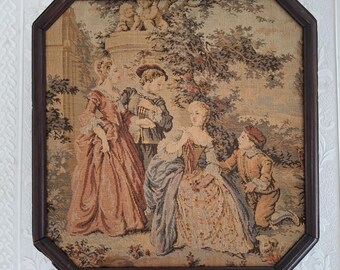 Vintage Framed Tapestry Wall Hanging, Rococo Fete Galante Tapesty in Wooden Octagonal Frame, Rococo Pastoral Gobelin Tapestry Wall Art