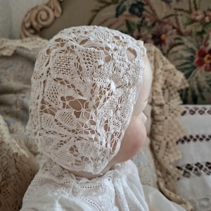 Antique 1800s Lace Baby Bonnet Cap, Victorian Handmade Battenberg Lace Baby Bonnet Coif