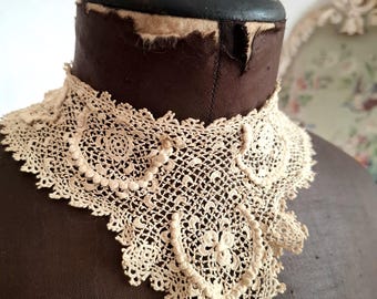 Exquisite Antique High Neck Irish Crochet Lace Collar, Victorian Edwardian Handmade Lace Collar