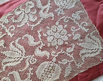 Rare Antique 16th Century Filet Lace Needlework Panel with Pomegranate & Flower Motifs, 1500s Linen Thread Filet Lacis, Museum Interest