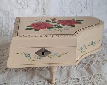 Vintage Japanese Music Jewellery Box, Hand Painted Daysun Piano Shaped Musical Box with Key, Hand Painted Roses