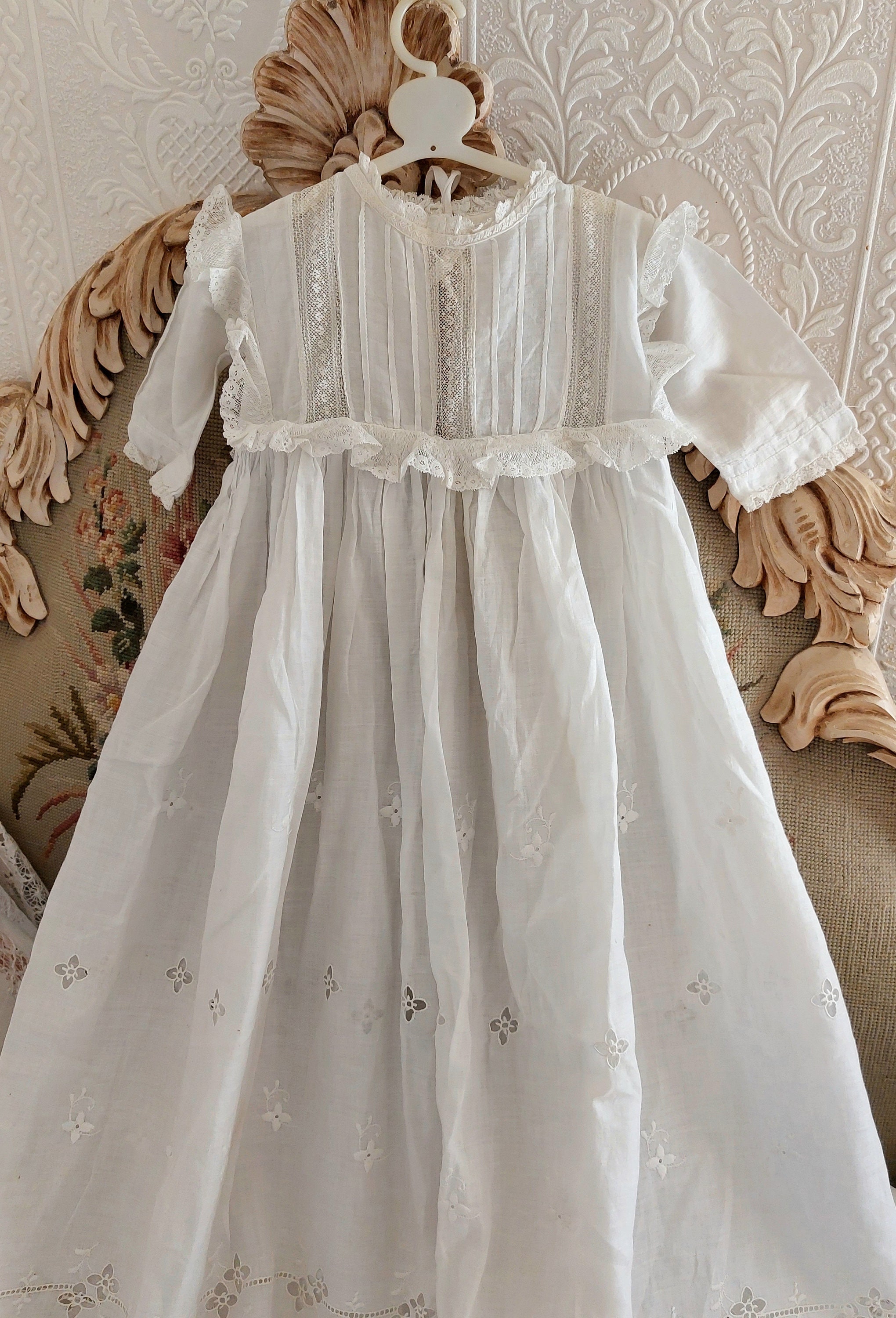 Antique Vintage Christening Gown, Edwardian Embroidered Baptism Eyelet ...
