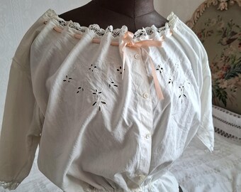 Antique Edwardian Corset Cover Blouse Chemise Top, White Hand Embroidered Peasant Blouse, Victorian Camisole Blouse Top, Drawstring Waist