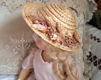 Vintage Straw Hat for Antique Doll, Doll's Hat with Dried Flowers, Doll Accessories
