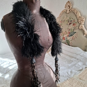 Antique 1800s Black Ostrich Feather Boa Stole with Ribbon Tassels
