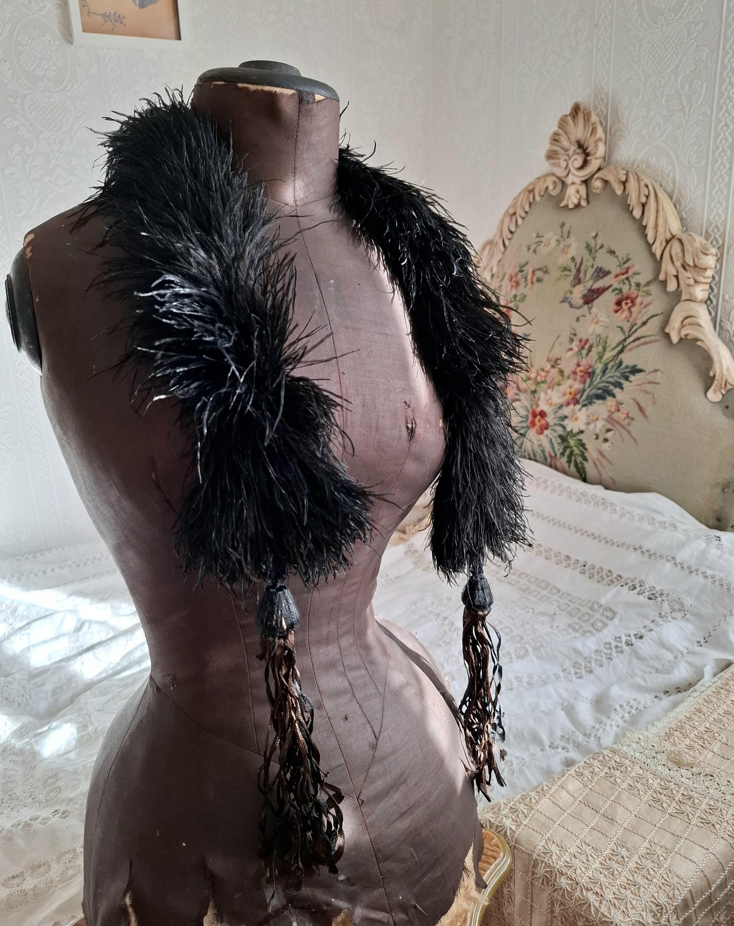 Antique 1800s Black Ostrich Feather Boa Stole with Ribbon Tassels