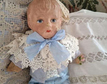 14" Antique Vintage Papier Mache Little Boy Doll, Cloth Body Doll, Pressed Cardboard Doll, Beautiful Shabby Timeworn Doll